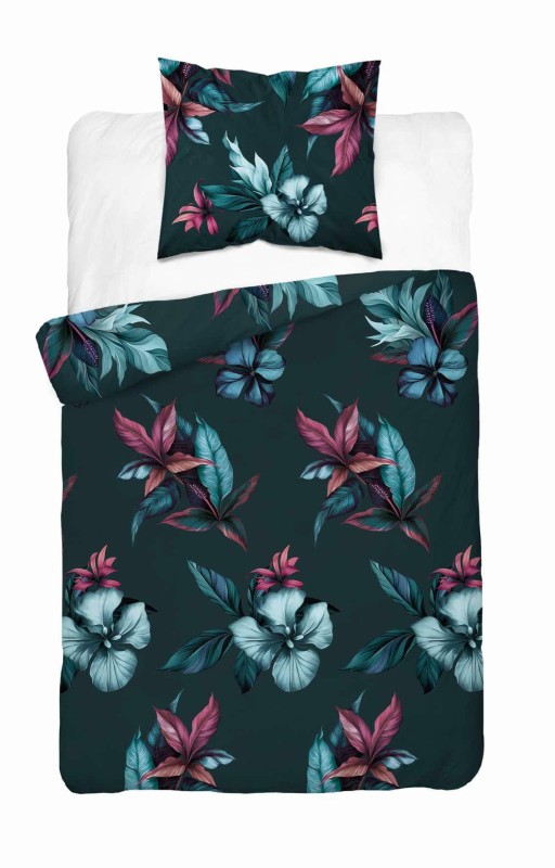 Pościel satynowa 140x200 Home Satin 54 zielona ciemna kwiaty-2