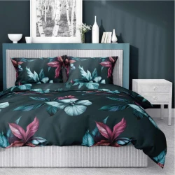 Pościel satynowa 140x200 Home Satin 54 zielona ciemna kwiaty