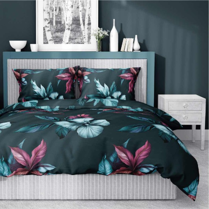 Pościel satynowa 140x200 Home Satin 54 zielona ciemna kwiaty-1