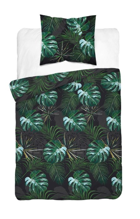 Pościel satynowa 140x200 Home Satin 40 czarna zielona liście-2