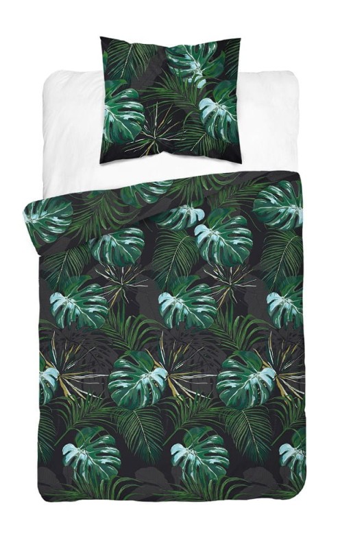 Pościel satynowa 140x200 Home Satin 40 czarna zielona liście-2