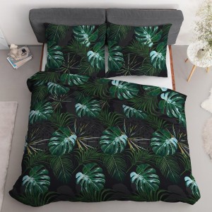 Pościel satynowa 140x200 Home Satin 40 czarna zielona liście-3