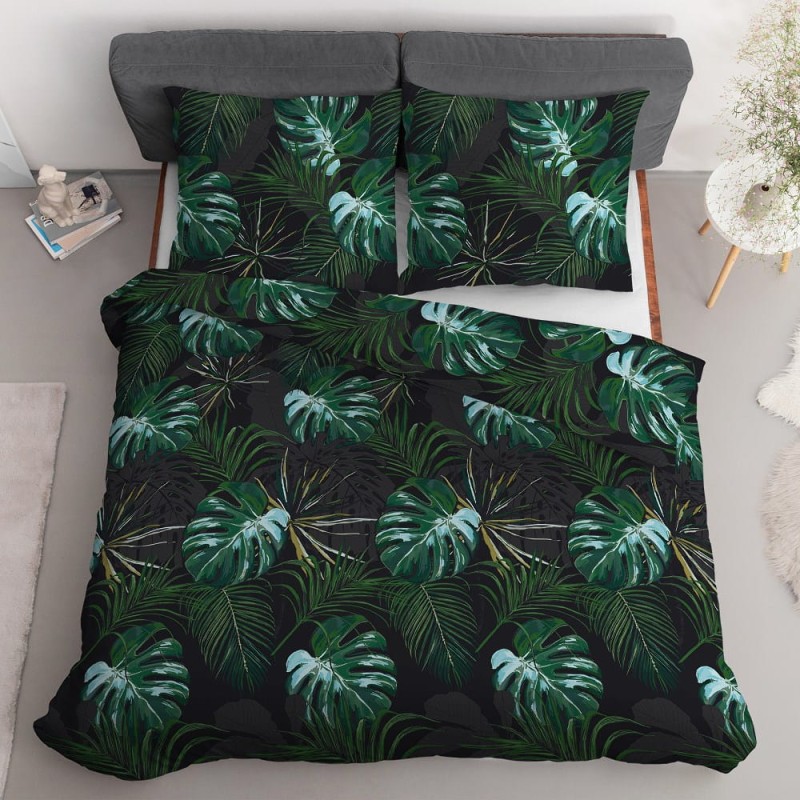 Pościel satynowa 140x200 Home Satin 40 czarna zielona liście-3