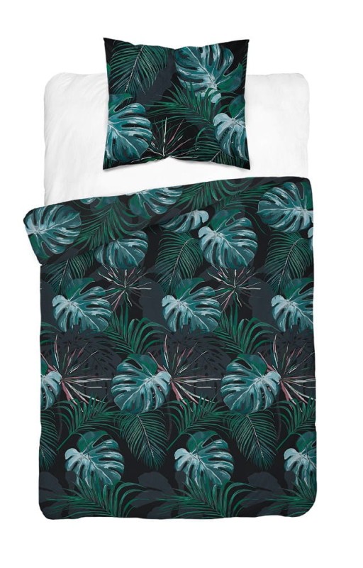 Pościel satynowa 140x200 Home Satin 40 czarna turkusowa liście-2