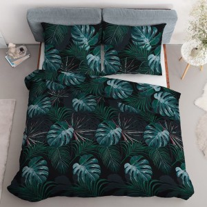 Pościel satynowa 140x200 Home Satin 40 czarna turkusowa liście-3