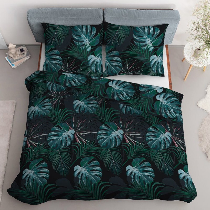 Pościel satynowa 140x200 Home Satin 40 czarna turkusowa liście-3