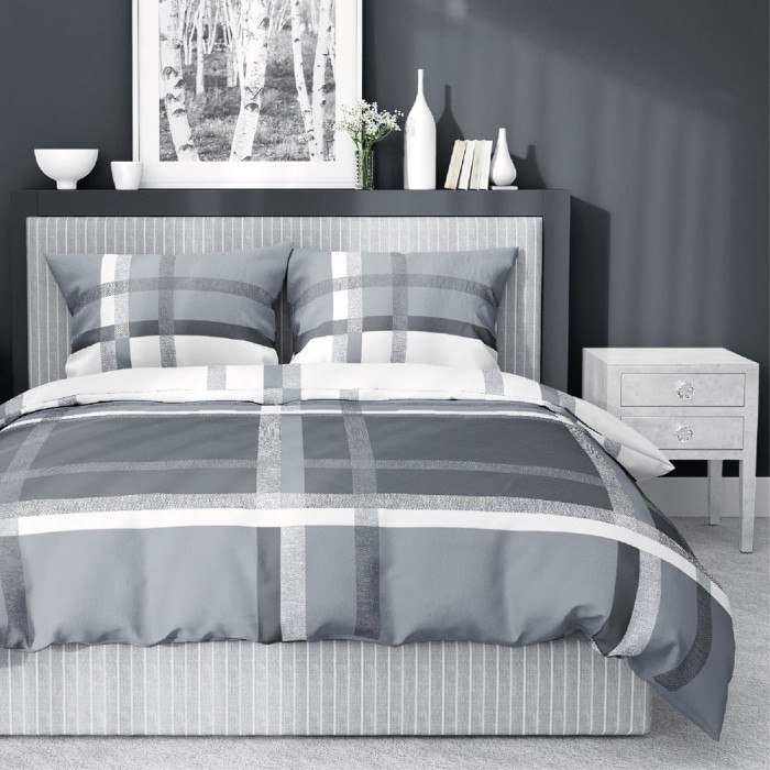 Pościel satynowa 220x200 Home Satin 40 szara biała kratka-1