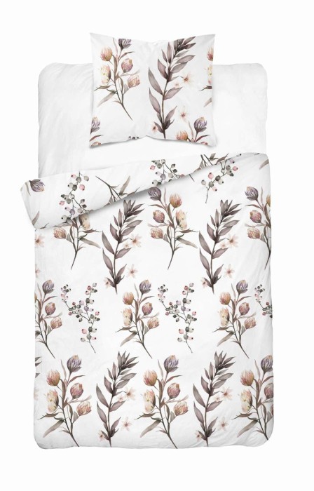 Pościel satynowa 140x200 Home Satin 54 biała beżowa gałązki kwiaty-2