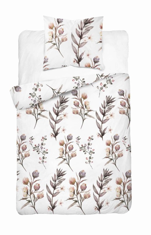 Pościel satynowa 140x200 Home Satin 54 biała beżowa gałązki kwiaty-2