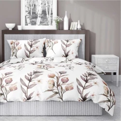 Pościel satynowa 140x200 Home Satin 54 biała beżowa gałązki kwiaty