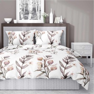 Pościel satynowa 140x200 Home Satin 54 biała beżowa gałązki kwiaty-1
