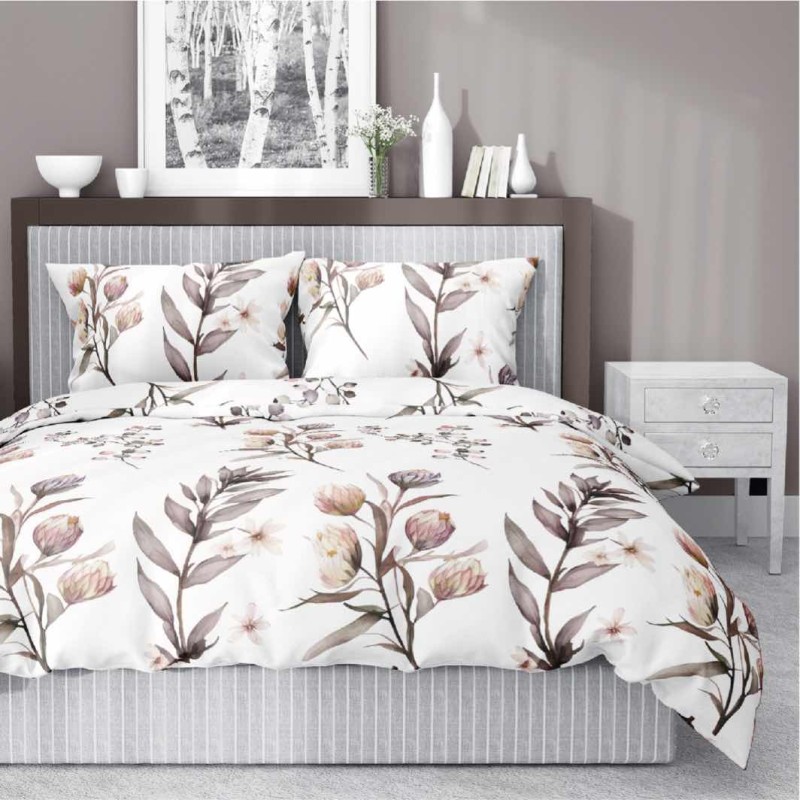 Pościel satynowa 140x200 Home Satin 54 biała beżowa gałązki kwiaty-1