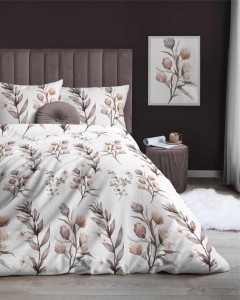 Pościel satynowa 140x200 Home Satin 54 biała beżowa gałązki kwiaty-3