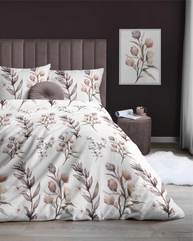 Pościel satynowa 140x200 Home Satin 54 biała beżowa gałązki kwiaty-3