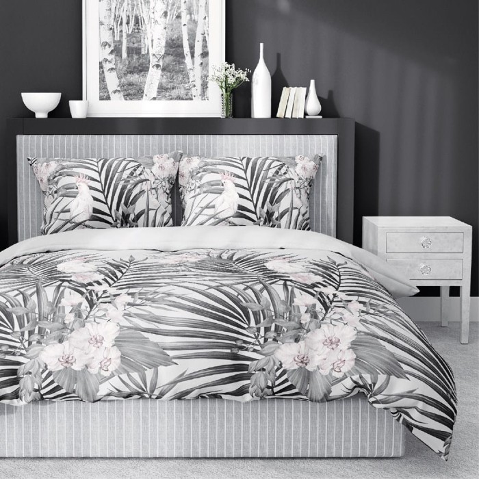 Pościel satynowa 160x200 Home Satin 122 szara liście papugi-1