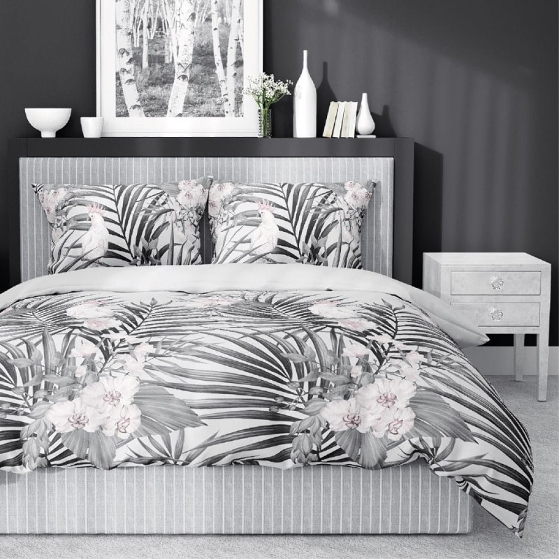 Pościel satynowa 160x200 Home Satin 122 szara liście papugi-1