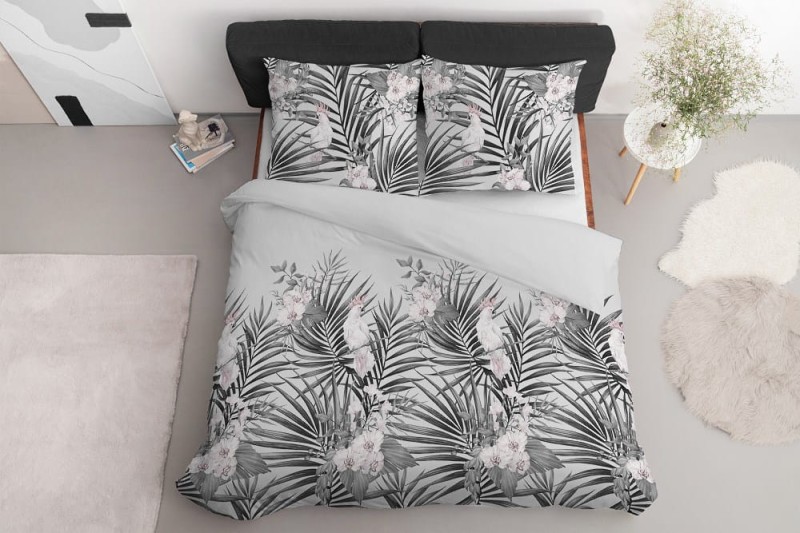 Pościel satynowa 160x200 Home Satin 122 szara liście papugi-3