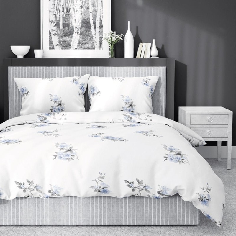 Pościel satynowa 220x200 Home Satin 122 biała niebieska kwiaty-1