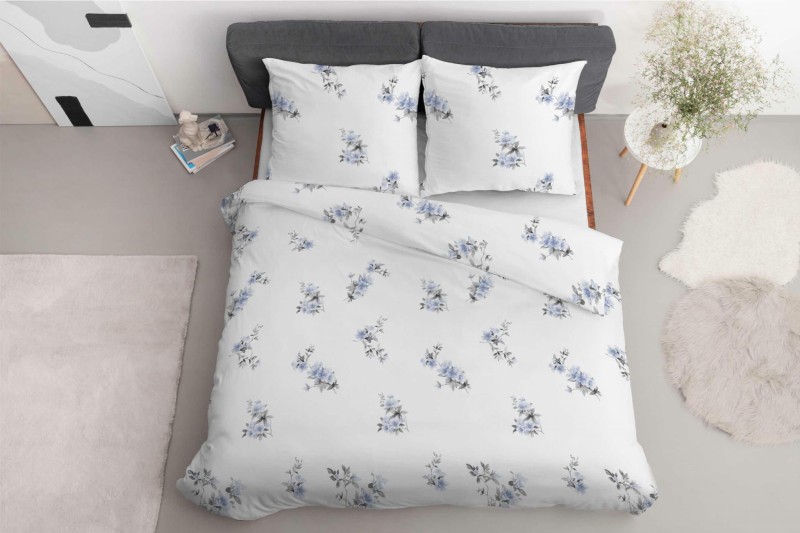 Pościel satynowa 220x200 Home Satin 122 biała niebieska kwiaty-3