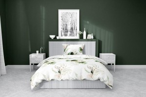 Pościel satynowa 140x200 Home Satin 126 biała zielona morelowa liście monstery-3