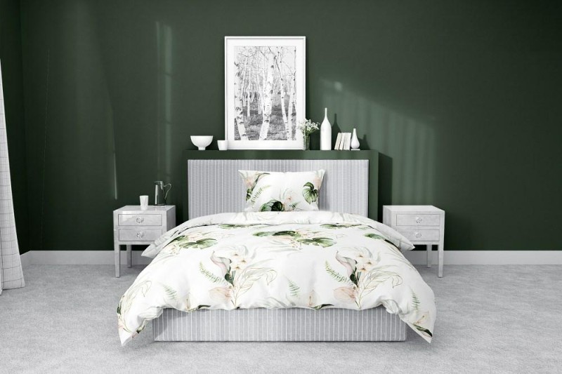 Pościel satynowa 140x200 Home Satin 126 biała zielona morelowa liście monstery-3