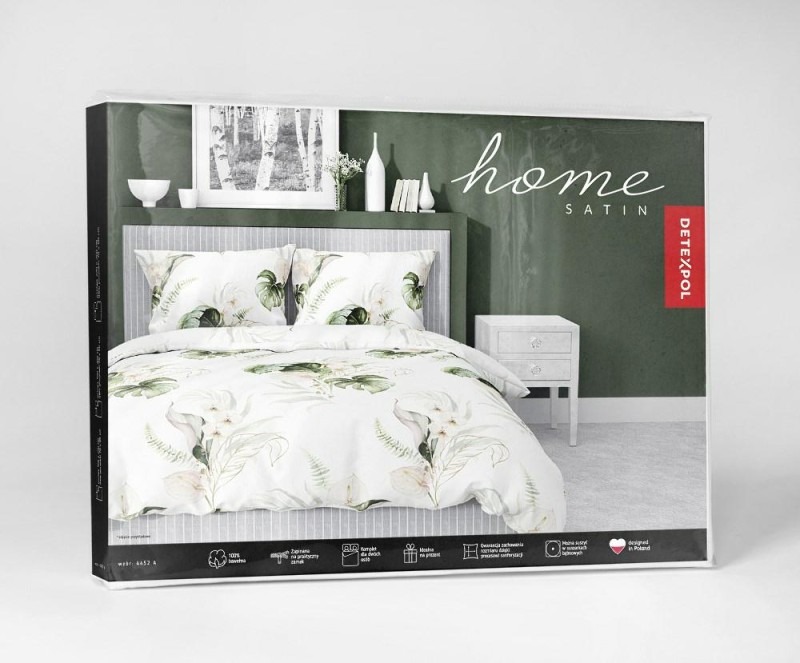 Pościel satynowa 140x200 Home Satin 126 biała zielona morelowa liście monstery-4