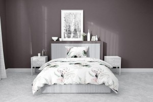 Pościel satynowa 140x200 Home Satin 126 biała zielona pudrowa liście monstery-3