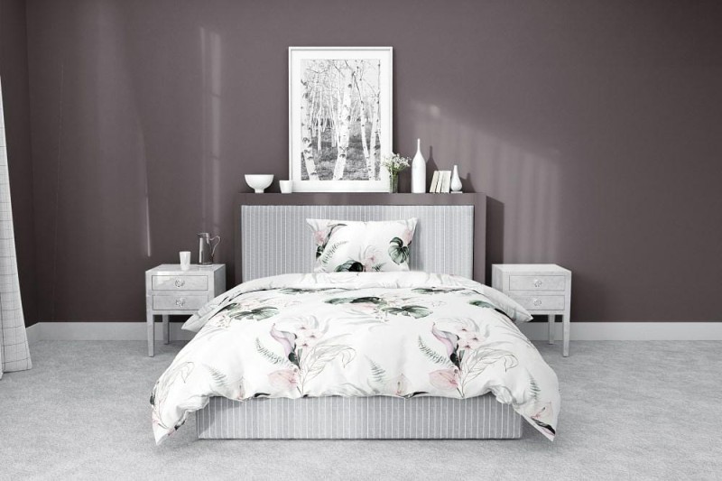 Pościel satynowa 140x200 Home Satin 126 biała zielona pudrowa liście monstery-3