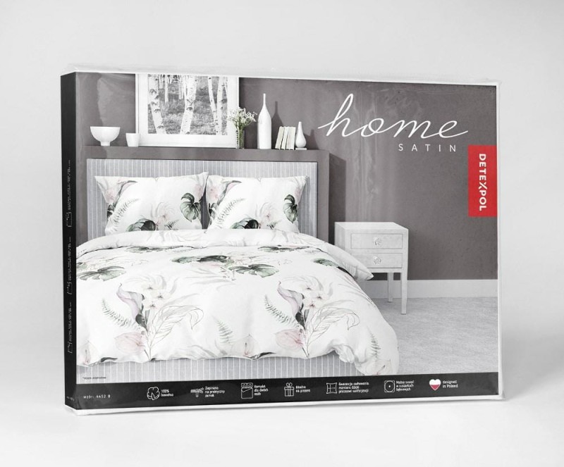 Pościel satynowa 140x200 Home Satin 126 biała zielona pudrowa liście monstery-4