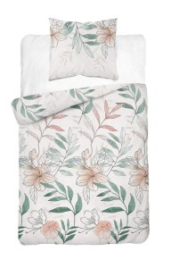 Pościel satynowa 140x200 Home Satin 126 biała zielona pudrowa kwiaty liście-2