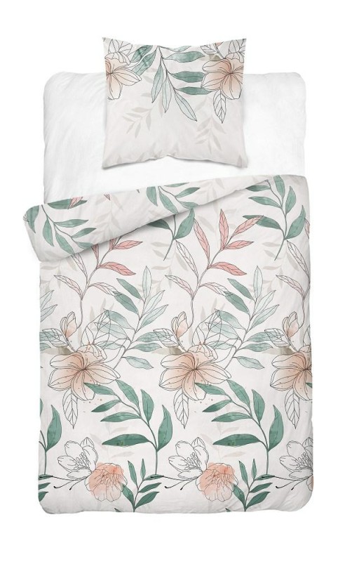 Pościel satynowa 140x200 Home Satin 126 biała zielona pudrowa kwiaty liście-2