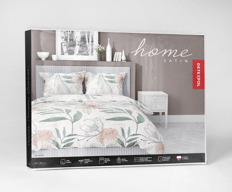 Pościel satynowa 140x200 Home Satin 126 biała zielona pudrowa kwiaty liście-4