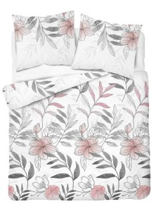 Pościel satynowa 160x200 Home Satin 126 biała szara pudrowa kwiaty liście-2