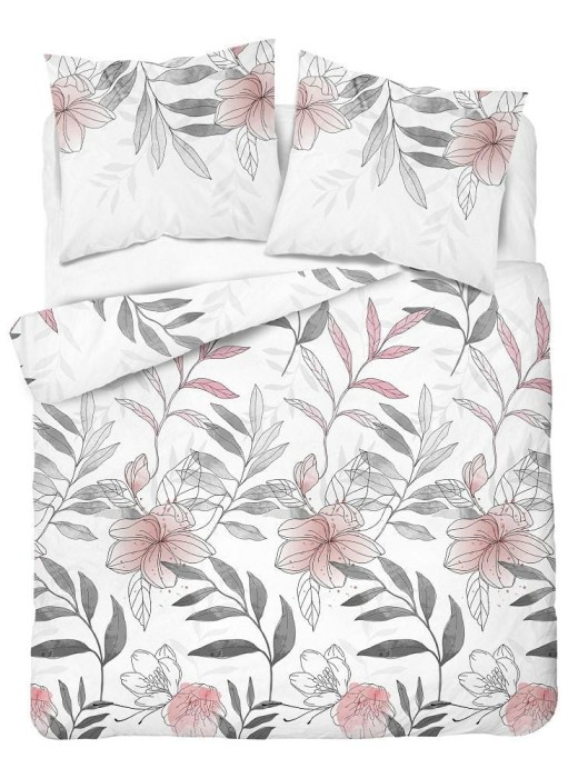 Pościel satynowa 160x200 Home Satin 126 biała szara pudrowa kwiaty liście-2