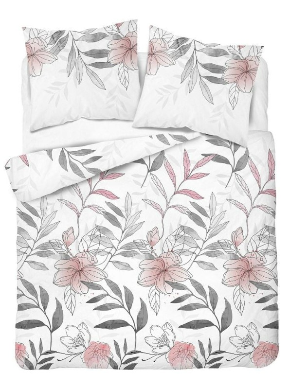 Pościel satynowa 160x200 Home Satin 126 biała szara pudrowa kwiaty liście-2