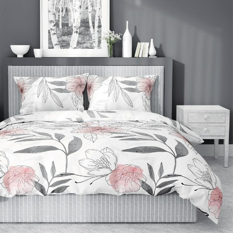 Pościel satynowa 160x200 Home Satin 126 biała szara pudrowa kwiaty liście-1