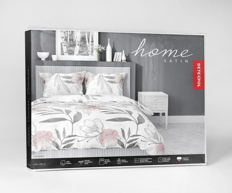 Pościel satynowa 160x200 Home Satin 126 biała szara pudrowa kwiaty liście-3