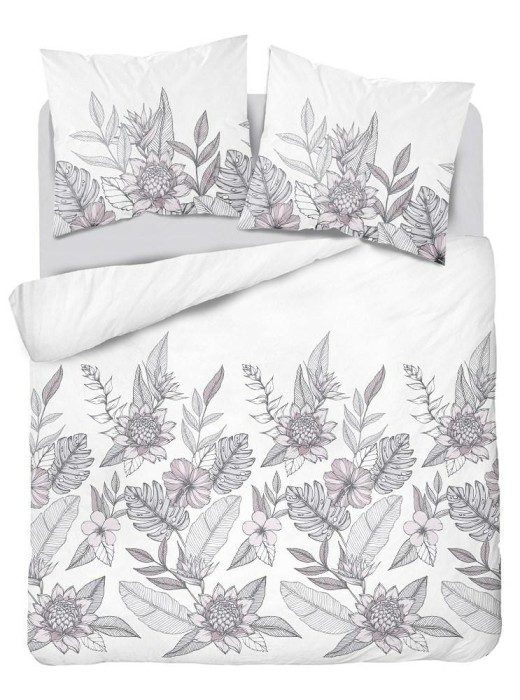 Pościel satynowa 220x200 Home Satin biała szara listki kwiaty-2