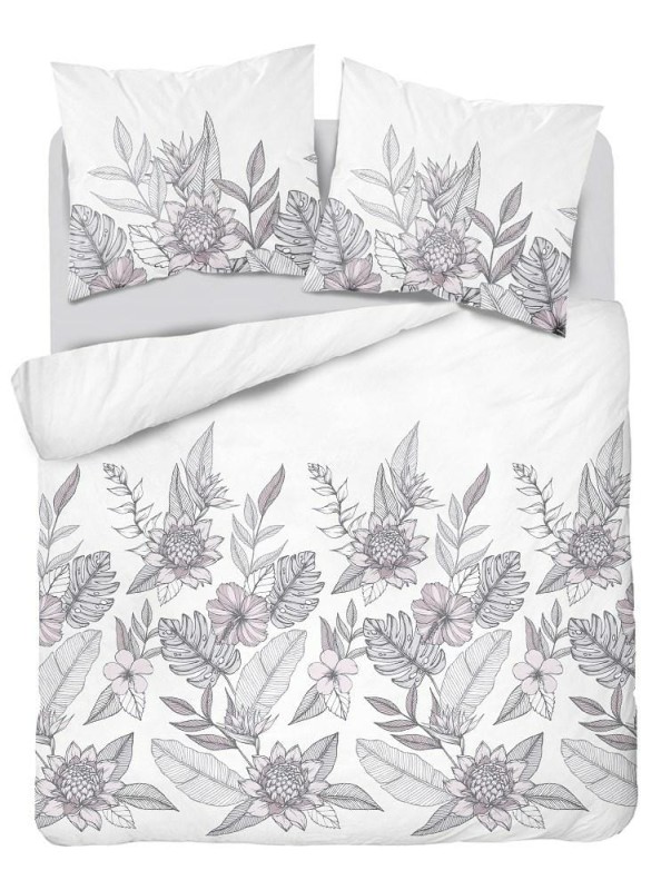 Pościel satynowa 220x200 Home Satin biała szara listki kwiaty-2
