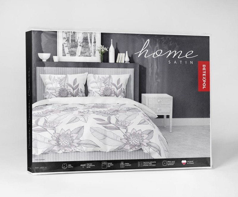 Pościel satynowa 220x200 Home Satin biała szara listki kwiaty-4