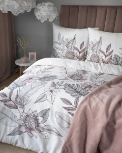 Pościel satynowa 220x200 Home Satin biała szara listki kwiaty-3