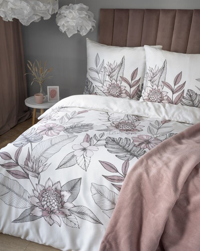 Pościel satynowa 220x200 Home Satin biała szara listki kwiaty-3