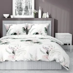 Pościel satynowa 140x200 Home Satin 126 biała zielona pudrowa liście monstery