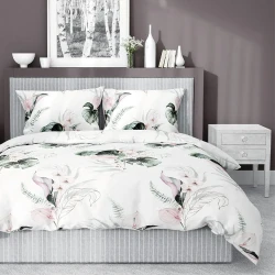 Pościel satynowa 140x200 Home Satin 126 biała zielona pudrowa liście monstery