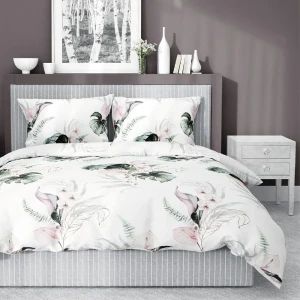 Pościel satynowa 140x200 Home Satin 126 biała zielona pudrowa liście monstery-1