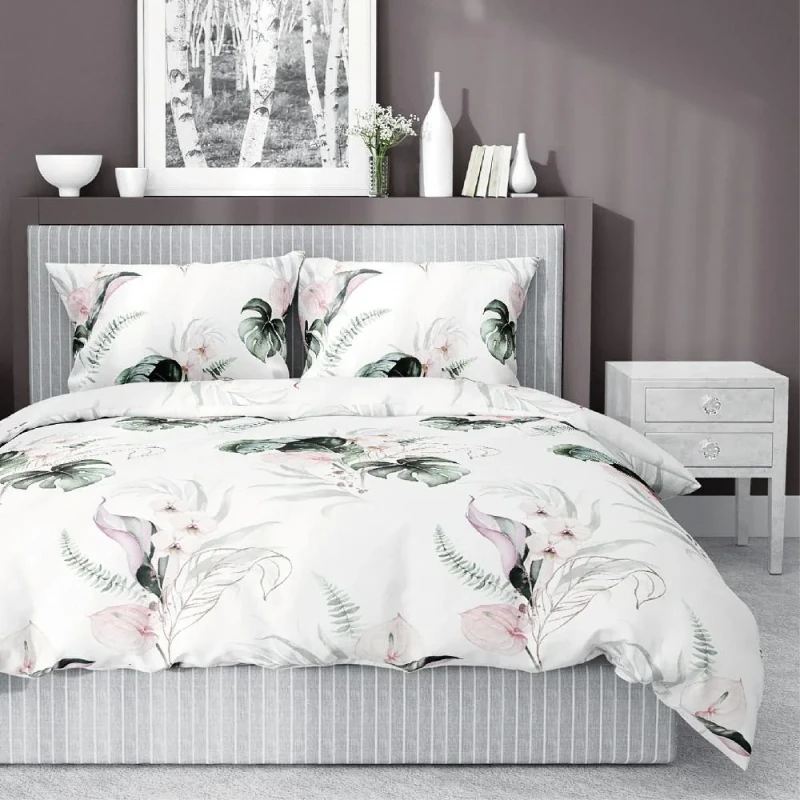 Pościel satynowa 140x200 Home Satin 126 biała zielona pudrowa liście monstery-1