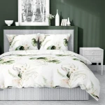Pościel satynowa 140x200 Home Satin 126 biała zielona morelowa liście monstery