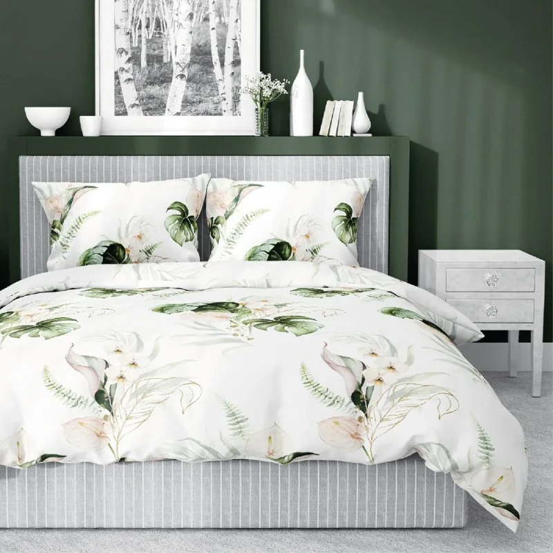 Pościel satynowa 140x200 Home Satin 126 biała zielona morelowa liście monstery-1