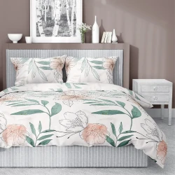 Pościel satynowa 140x200 Home Satin 126 biała zielona pudrowa kwiaty liście