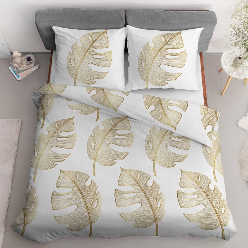 Pościel bawełniana 220x200 biała złota liście bawełna 40-3